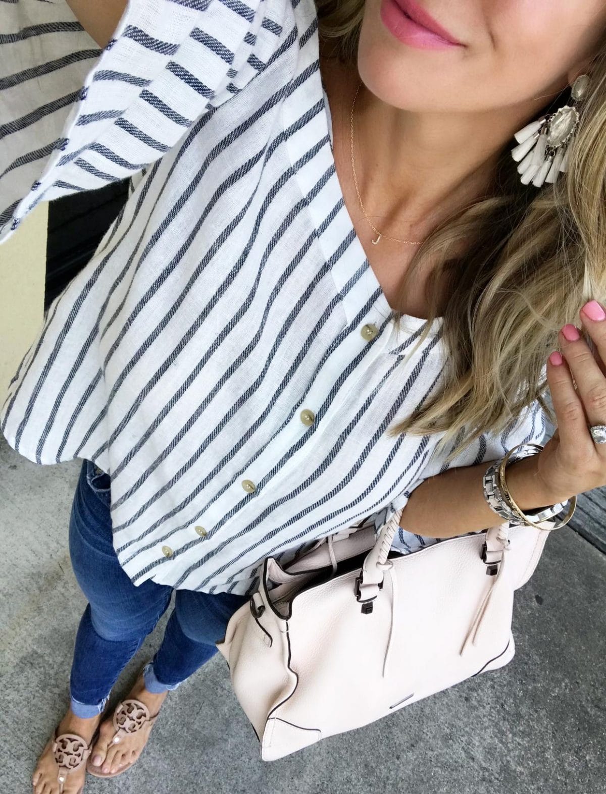 Spring outfit - Striped cold shoulder top jeans and flat sandals