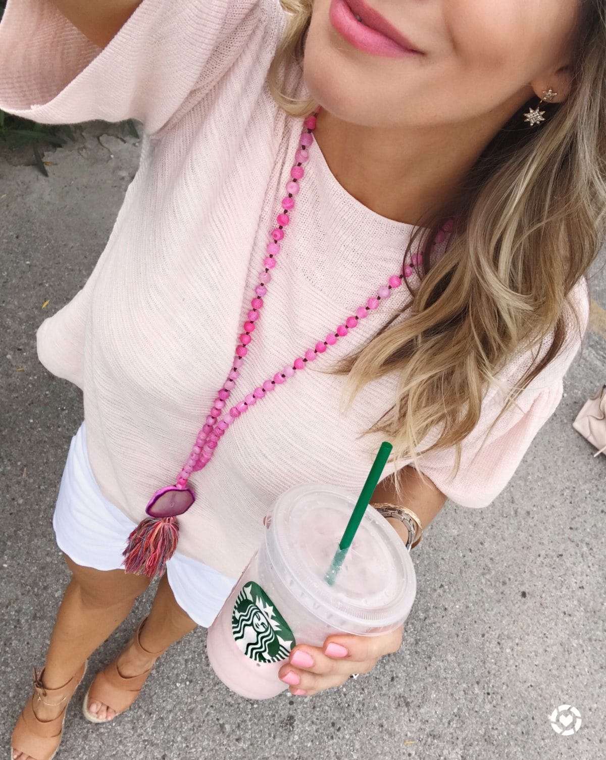 Spring outfit - pink flutter sleeve top and white shorts