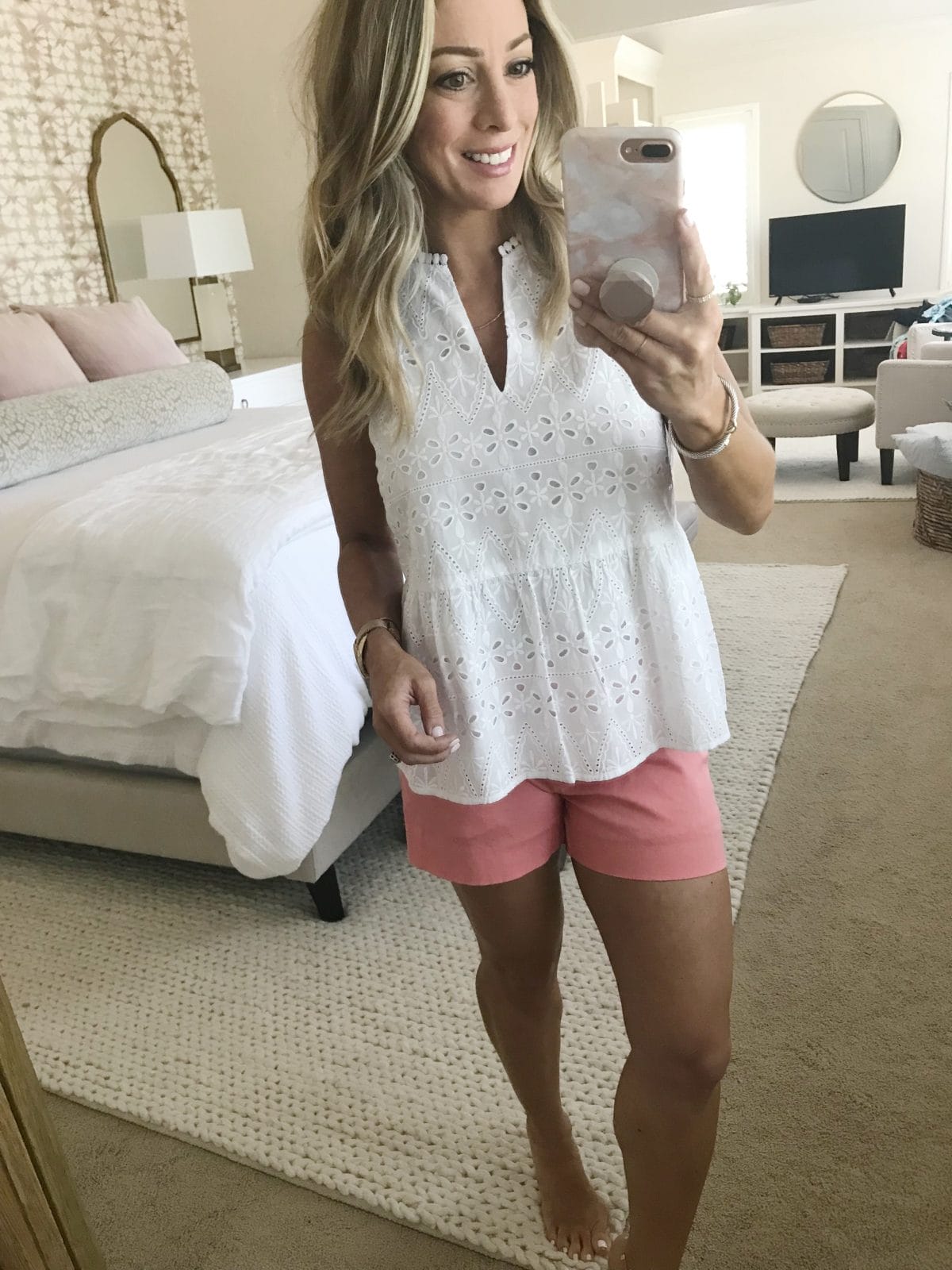 Spring outfit - white eyelet top and coral shorts