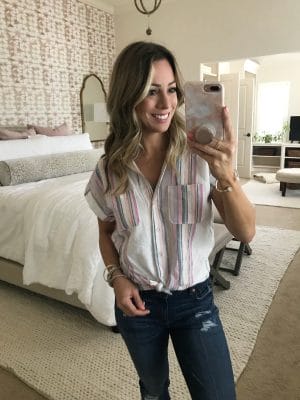 Striped button down tie top with distressed skinny jeans 2