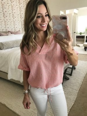 Striped camp shirt with white jeans