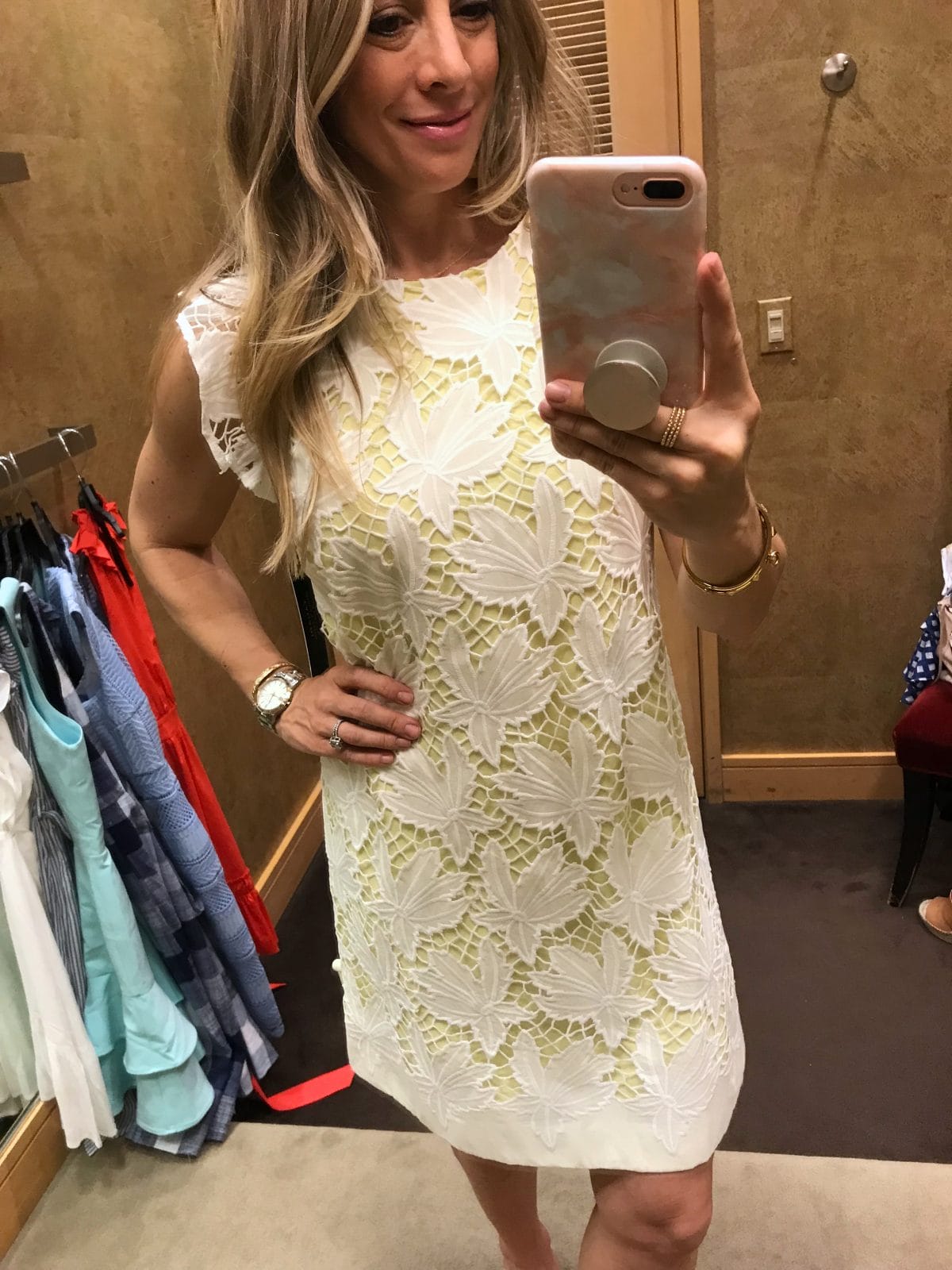 Dressing Room Fit and Review - yellow and white crochet dress