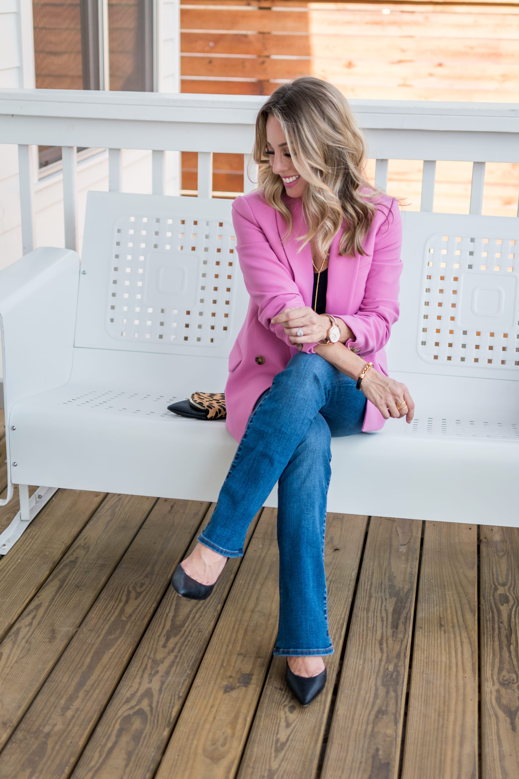 Pink blazer shop with jeans