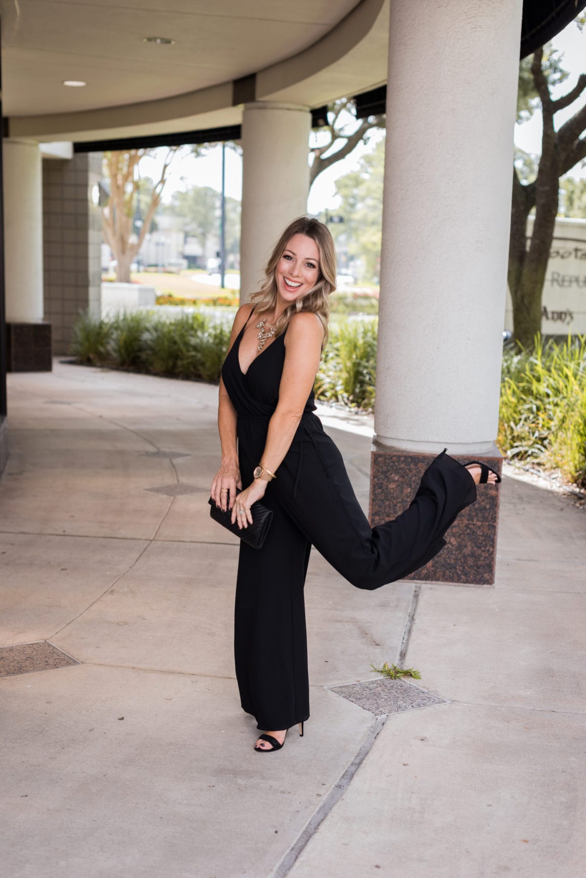 Black wide leg jumpsuit hot sale outfit