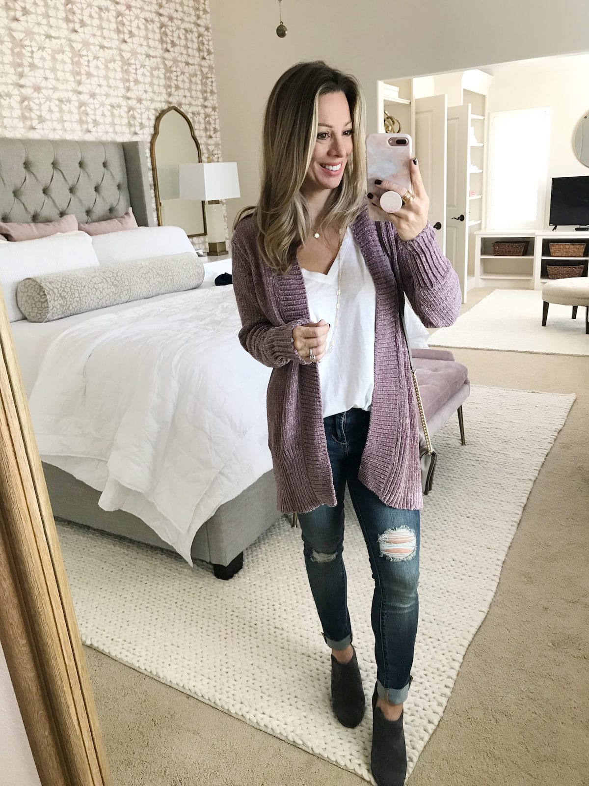 fall denim outfits chenille cardigan