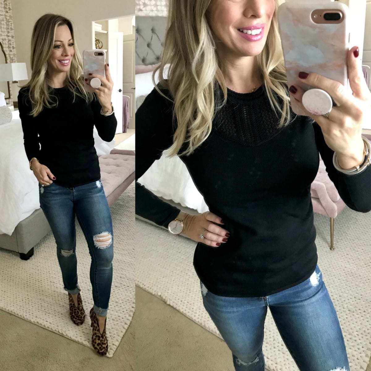 Amazon fashion haul black sweater jeans and leopard booties