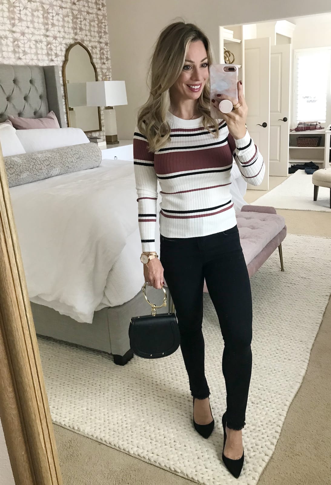 Cute Fall Outfit - black skinny jeans and striped sweater