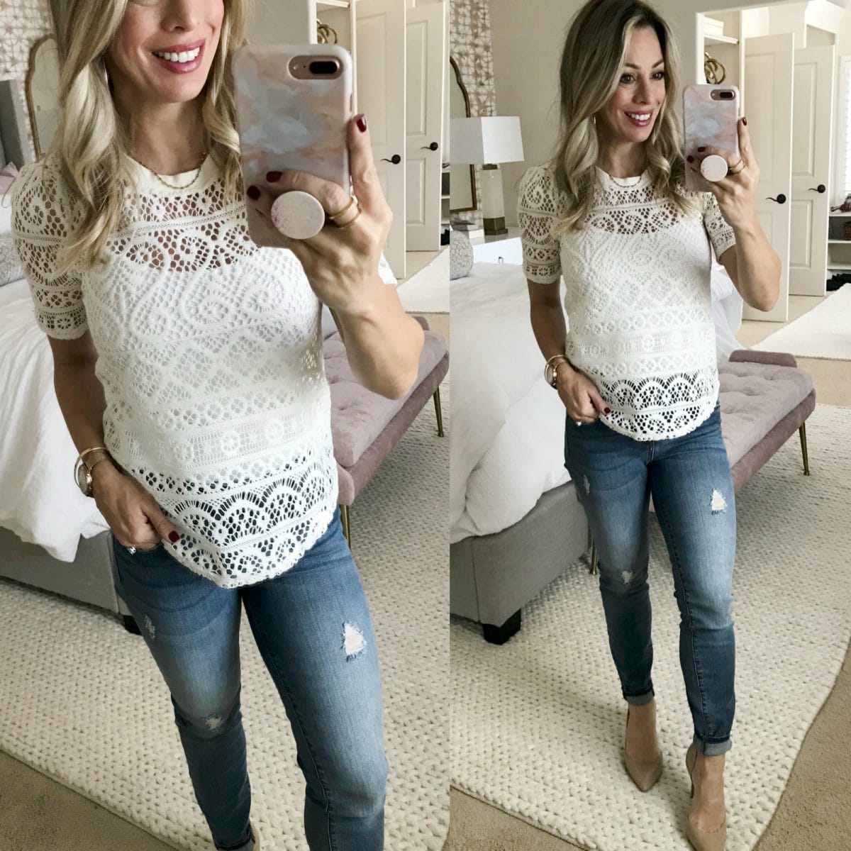 Cute Fall Outfit crochet top and jeans