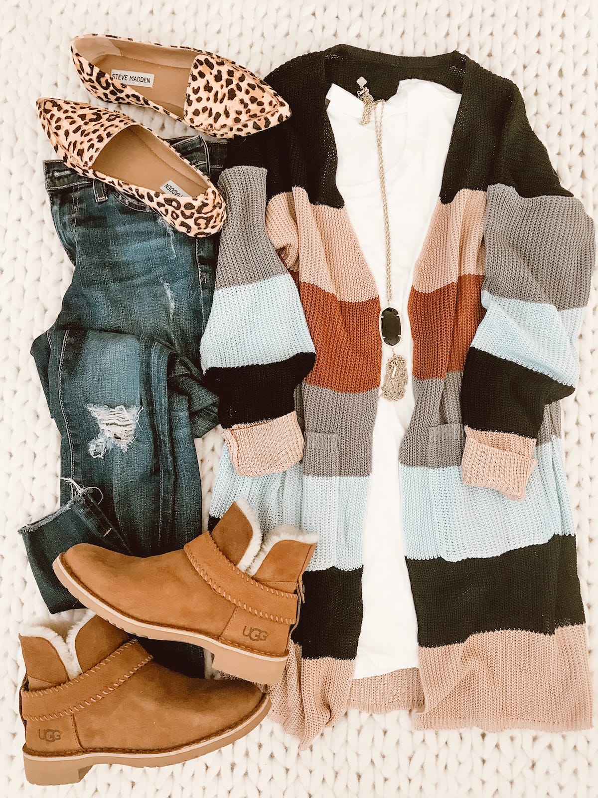 Striped cardigan with jeans and Ugg booties (2)