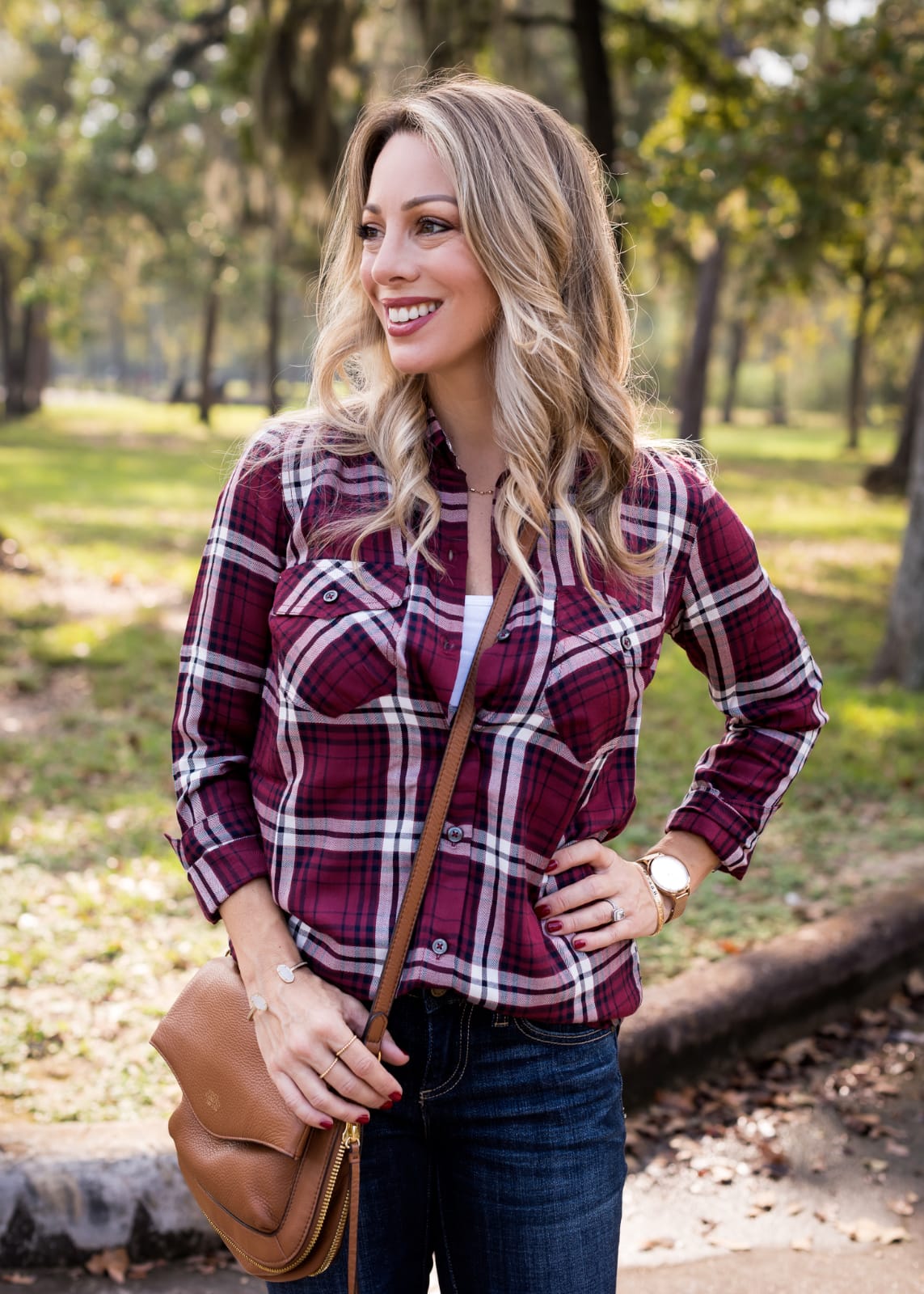 Cute Fall Outfit plaid top jeans and booties