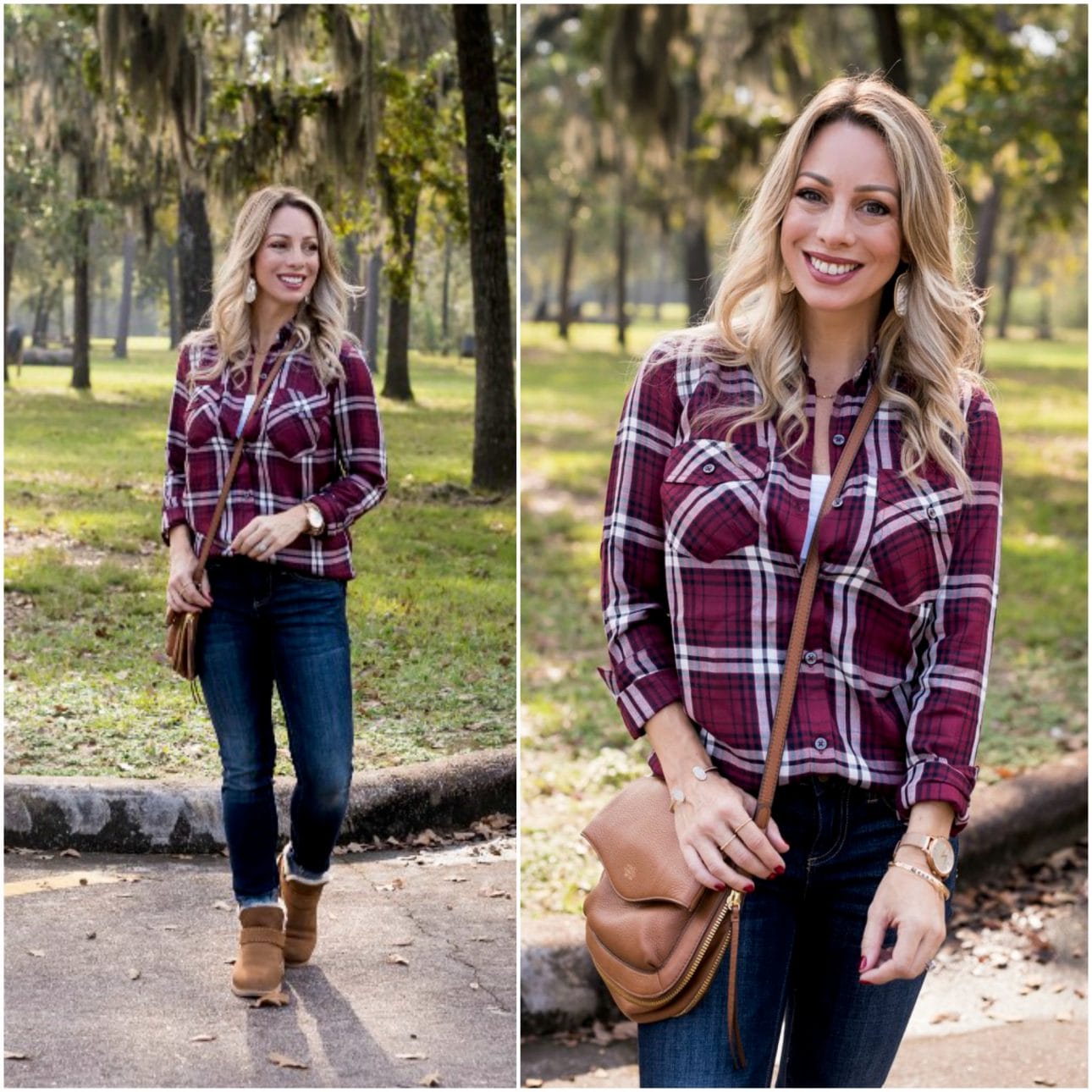 Fall outfit - plaid top and jeans with booties