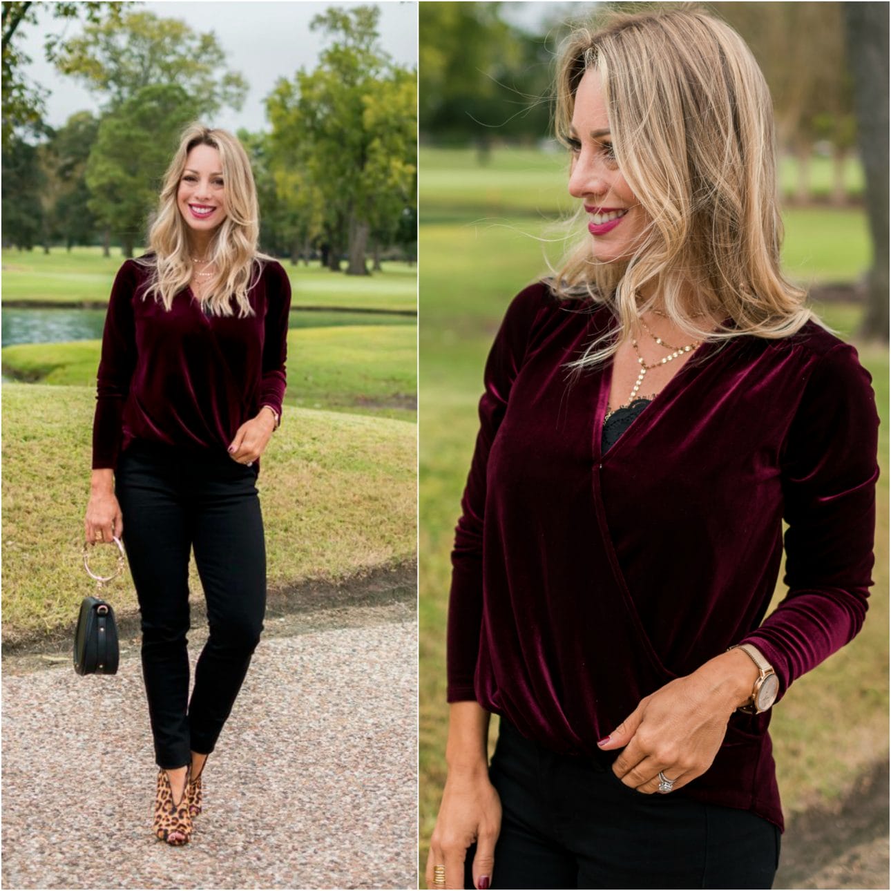 gibson glam holiday outfit ideas - the MALLORY velvet wrap top in black -  Pinteresting Plans