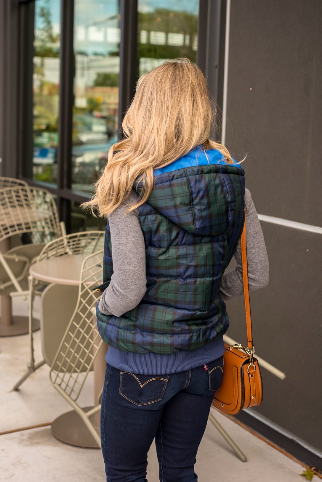 Grey top plaid puffer vest with jeans and leopard flats (1)