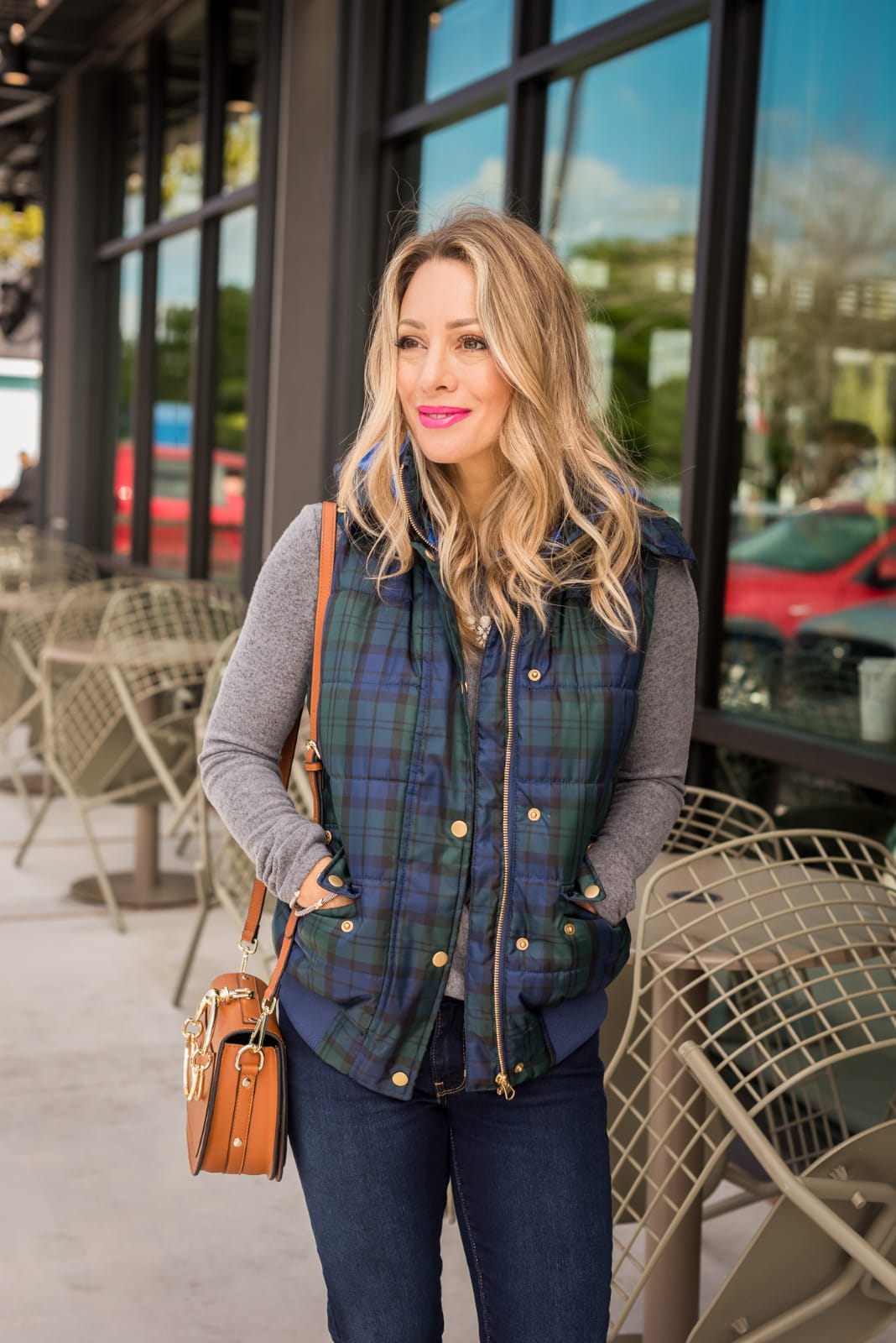 Grey top plaid puffer vest with jeans and leopard flats (2)