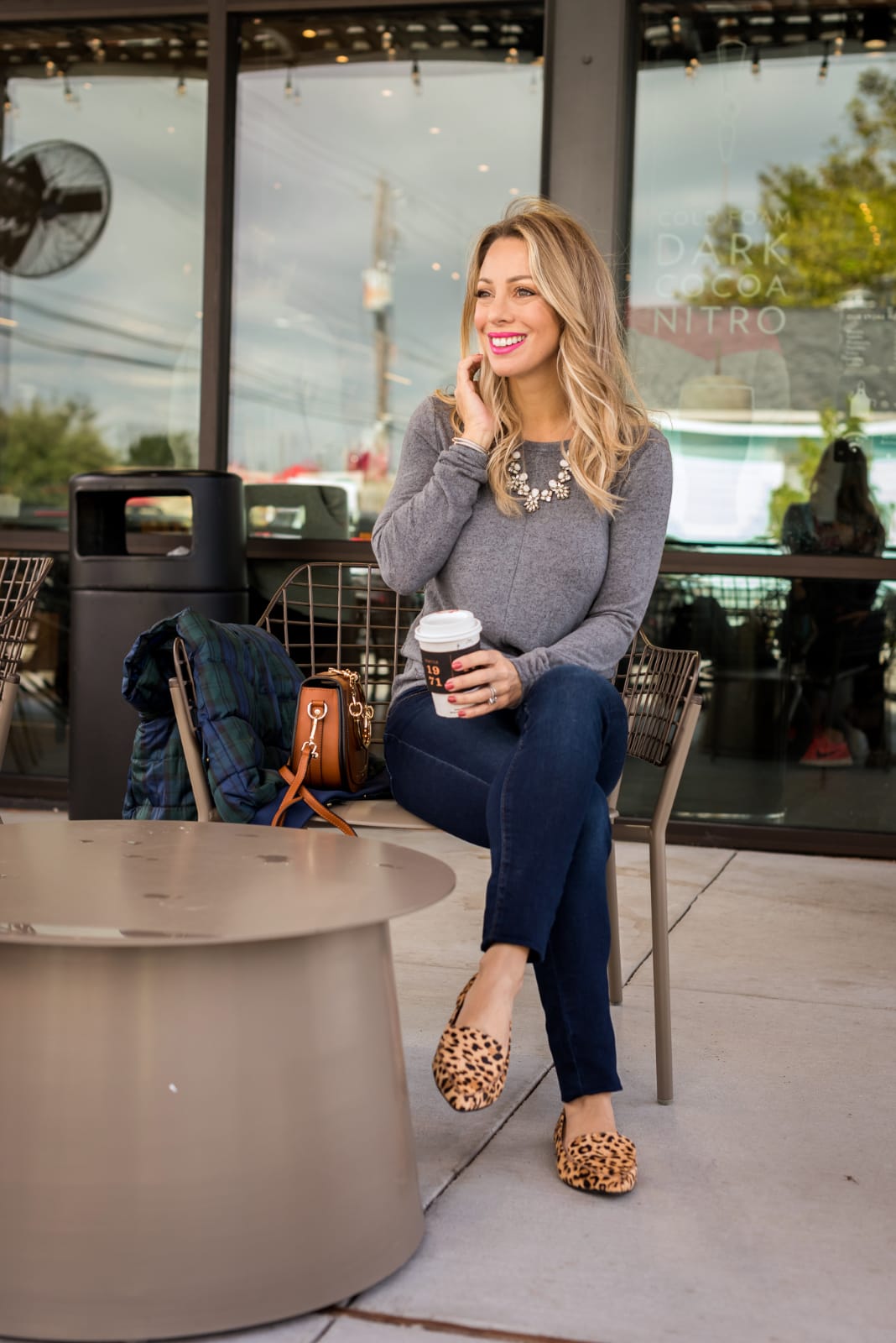 Grey twist front sweater jeans and leopard flats
