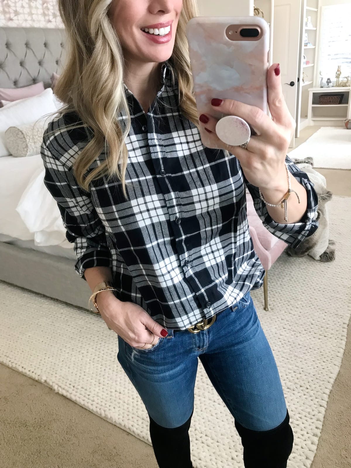 Amazon Fashion Haul - jeans and plaid button down top with OTK boots (1)