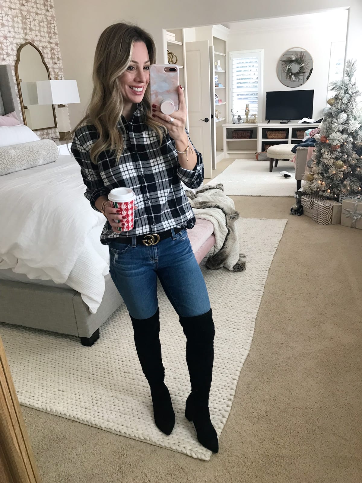 Amazon Fashion Haul - jeans and plaid button down top with OTK boots