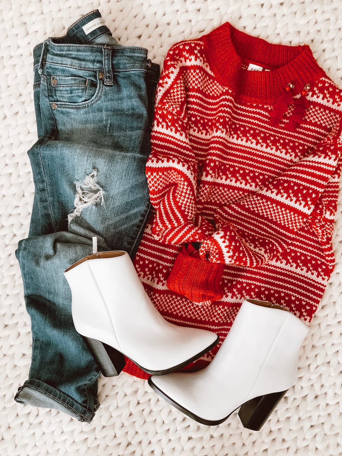 Winter outfit - red sweater jeans and white booties