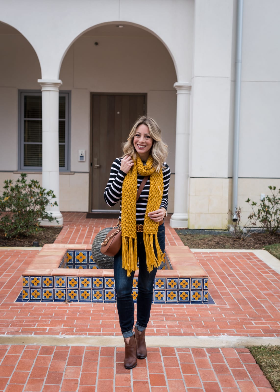 Cute winter outfit with peacoat and yellow scarf 1
