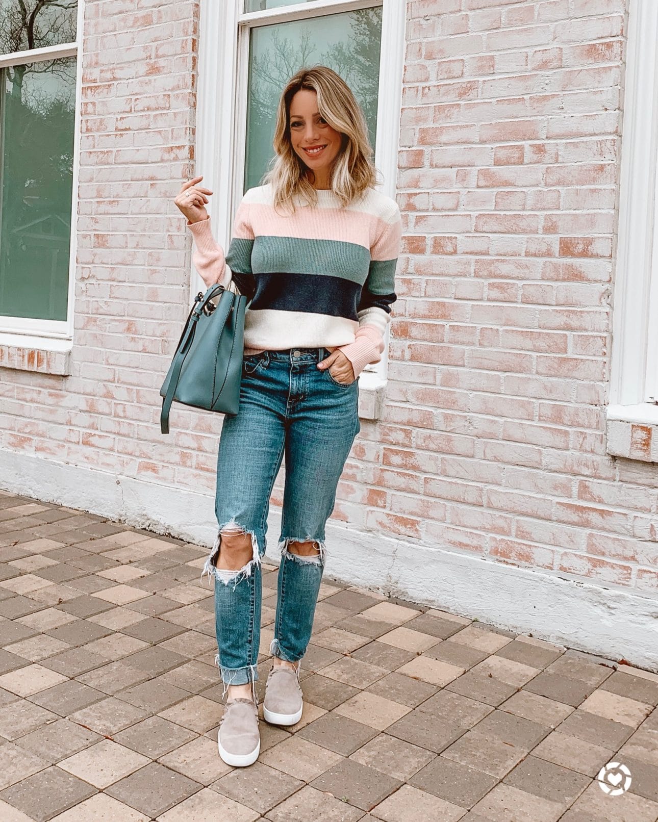 cute winter outfit - striped sweater and ripped jeans 