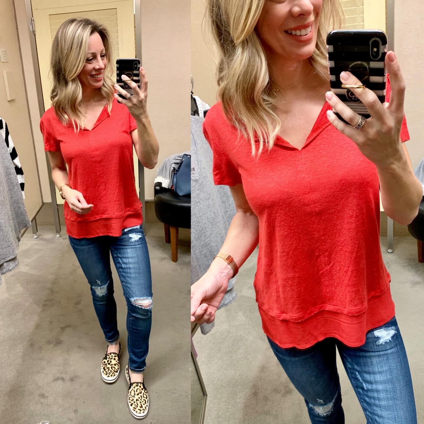 Cute winter outfit - jeans and red top