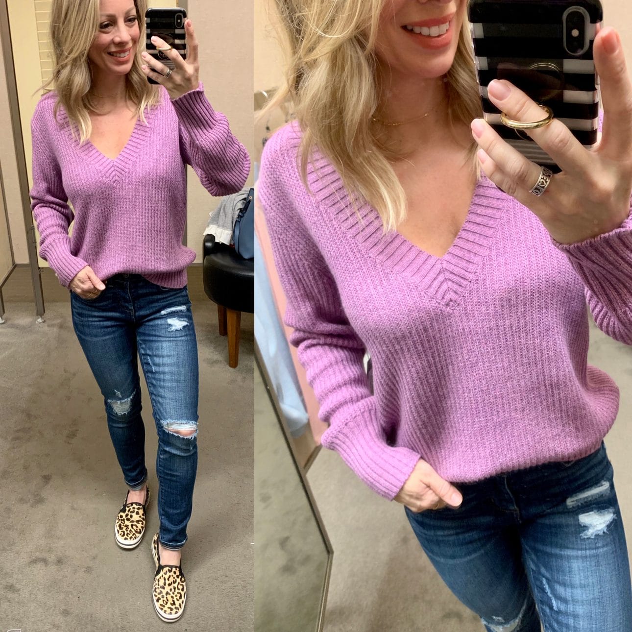 Cute winter outfit - jeans and lilac sweater