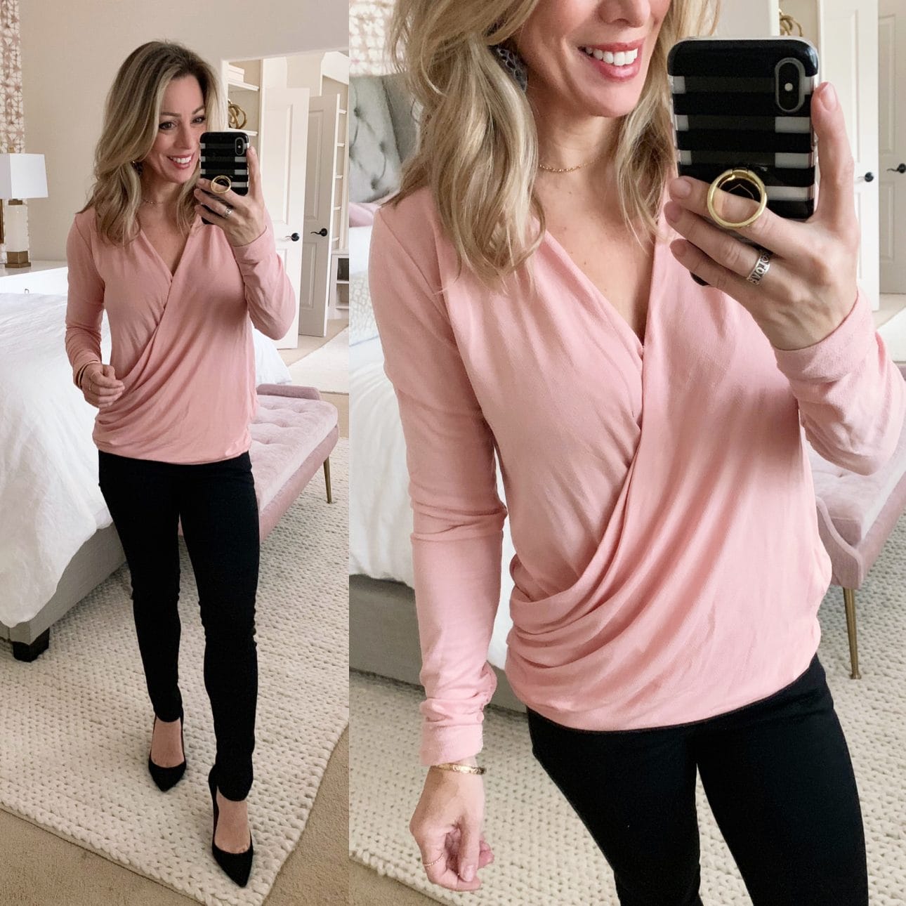 pink wrap top and black jeans