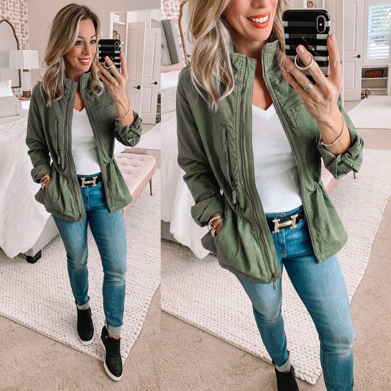 Military jacket with jeans and a white tee