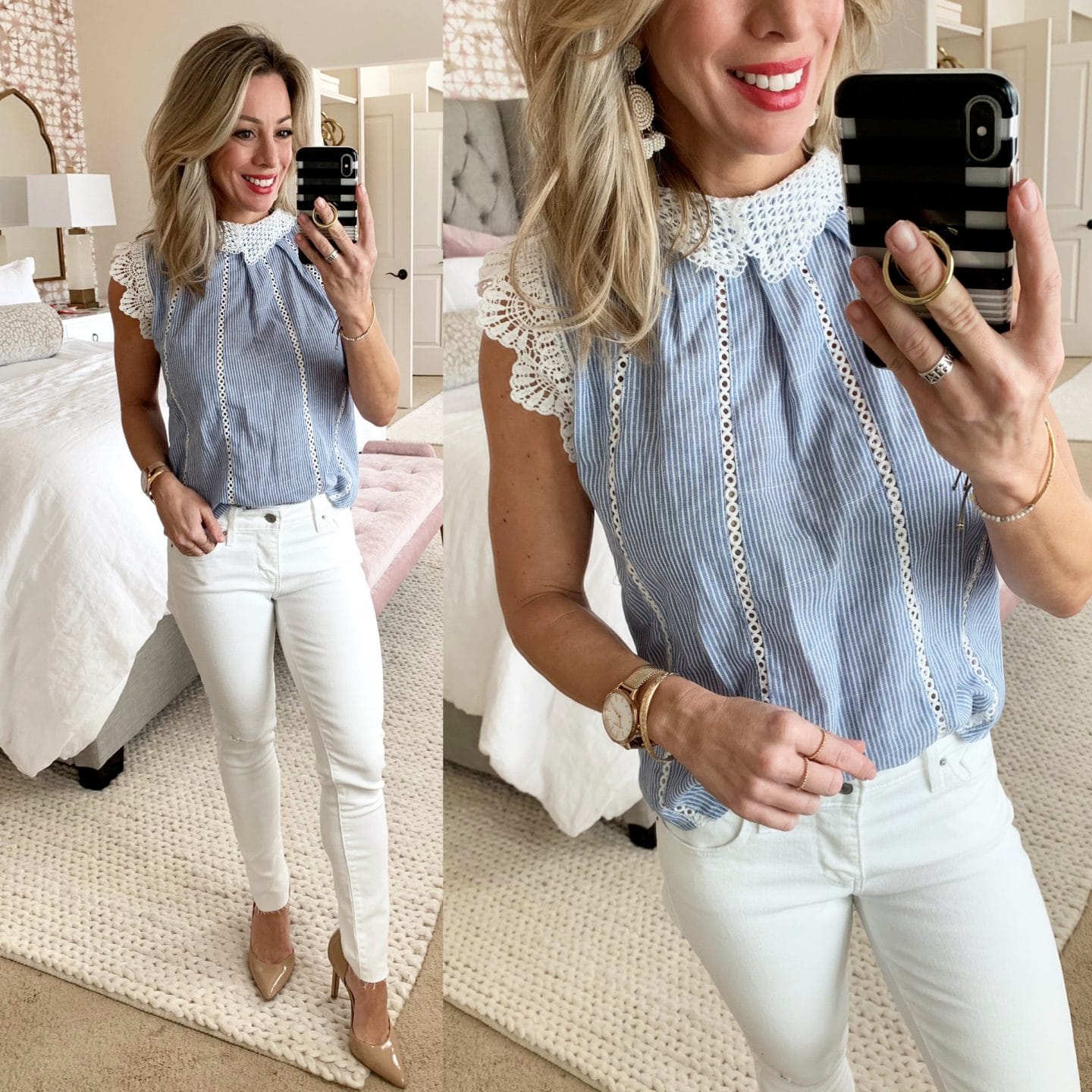 Cute Spring Outfit - white jeans and pinstripe top