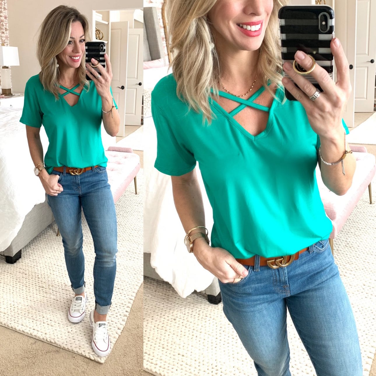 Green criss cross tee and jeans