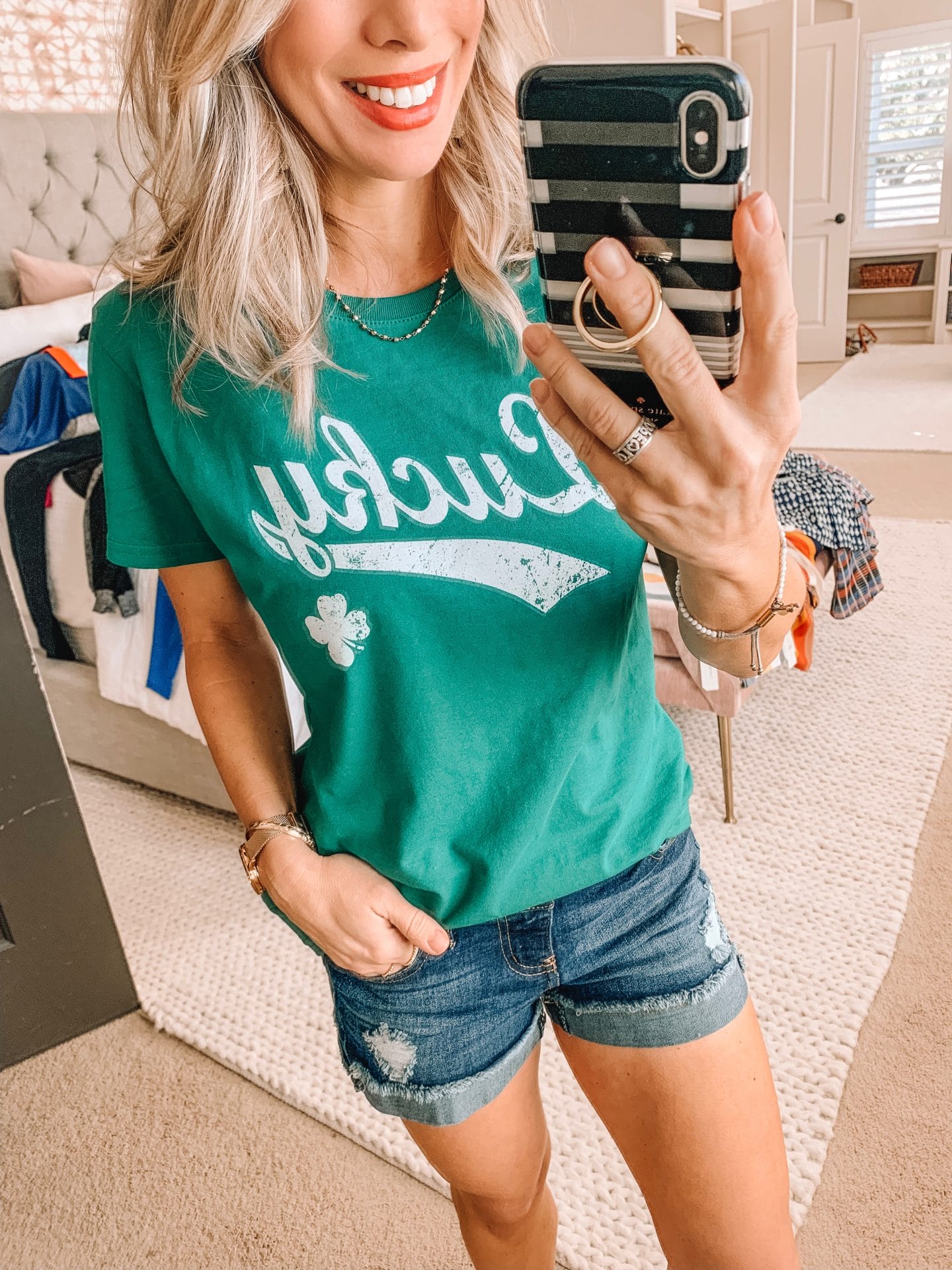 Lucky T-shirt and jean shorts