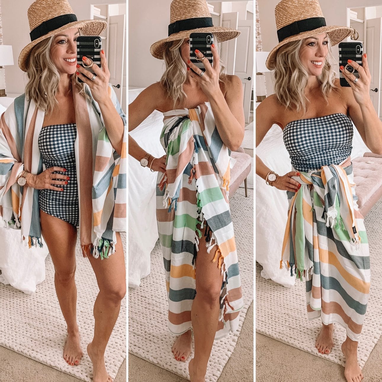 Gingham one-piece swimsuit with stripe sarong