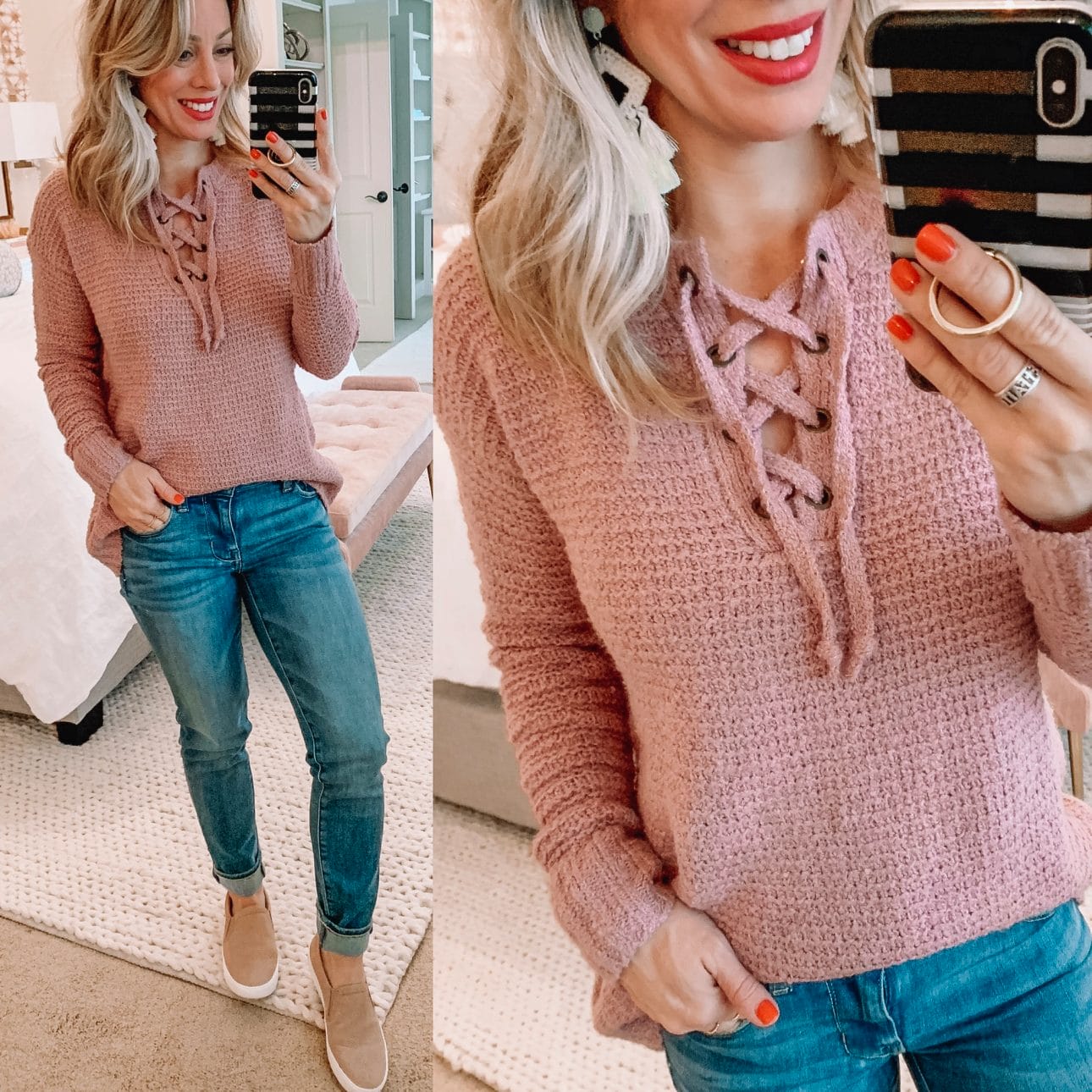 lace up sweater and jeans