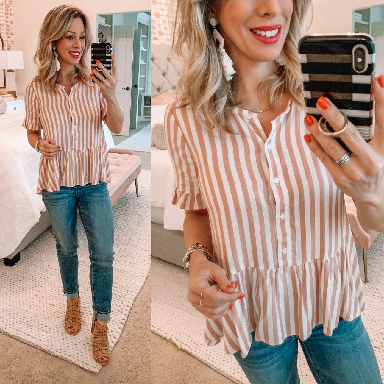 pink and white striped peplum top and jeans