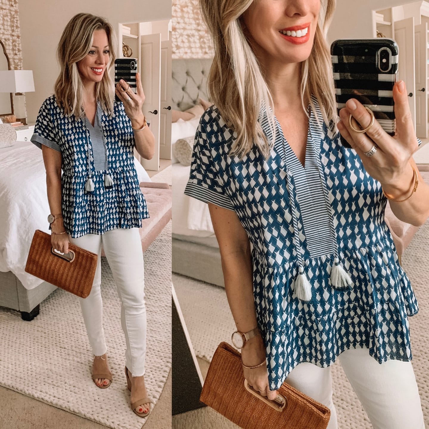 blue tunic and white jeans 