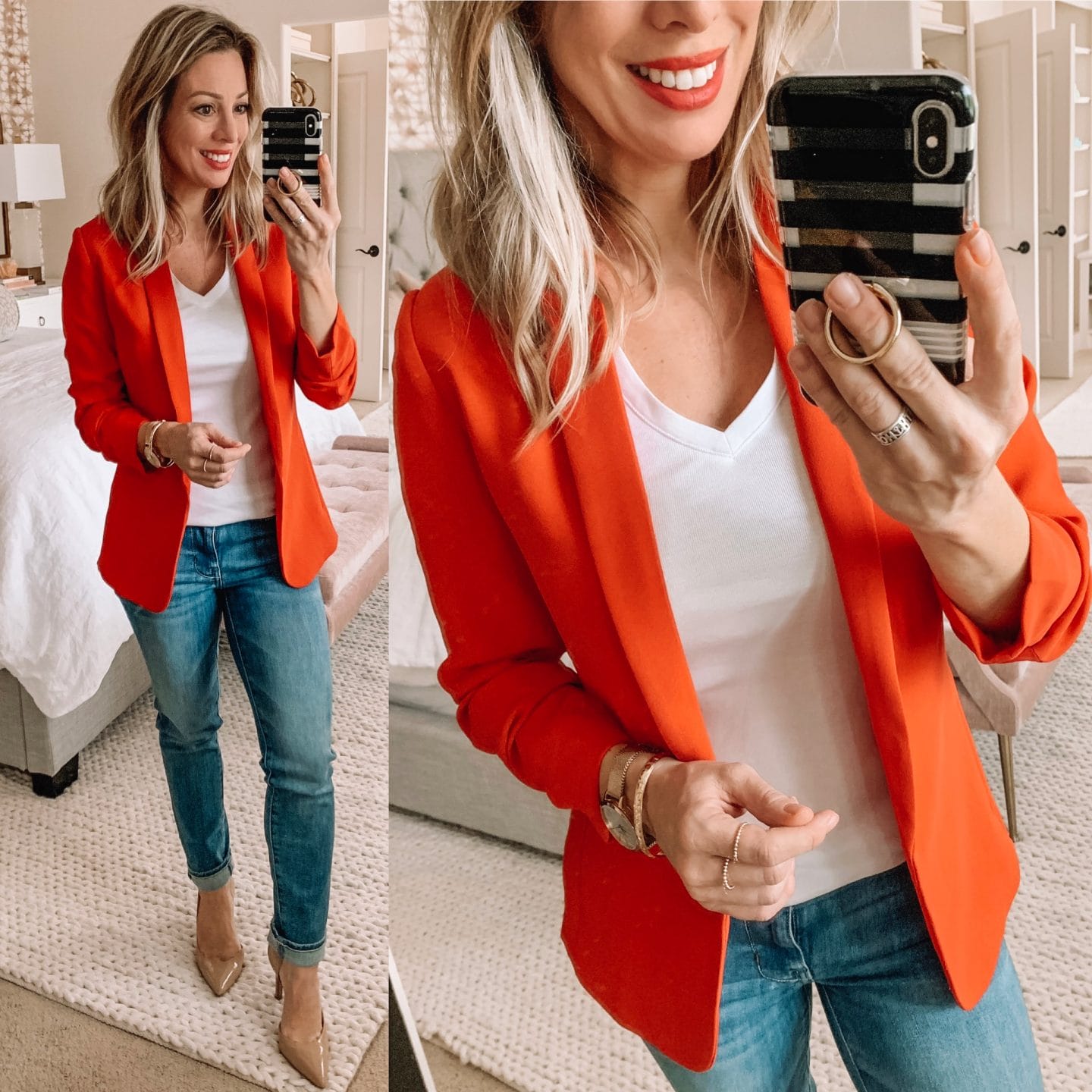 Red blazer light wash skinny jeans and nude heels 