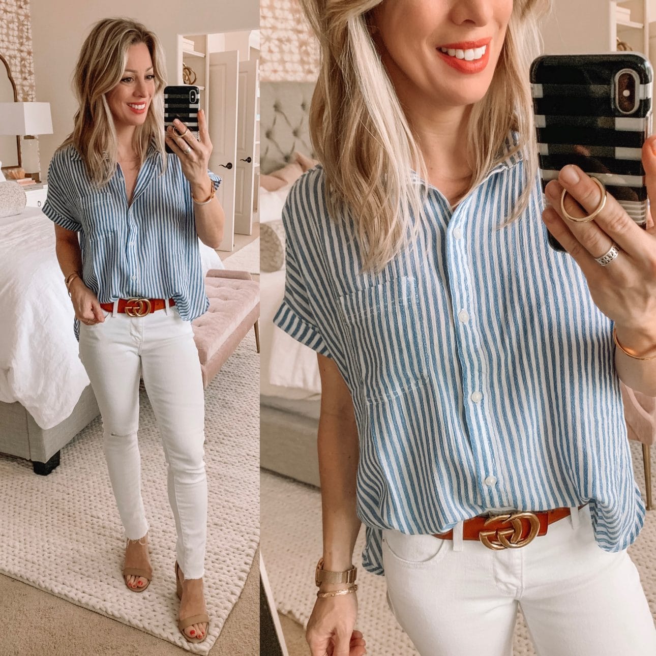 blue button down top and white jeans 