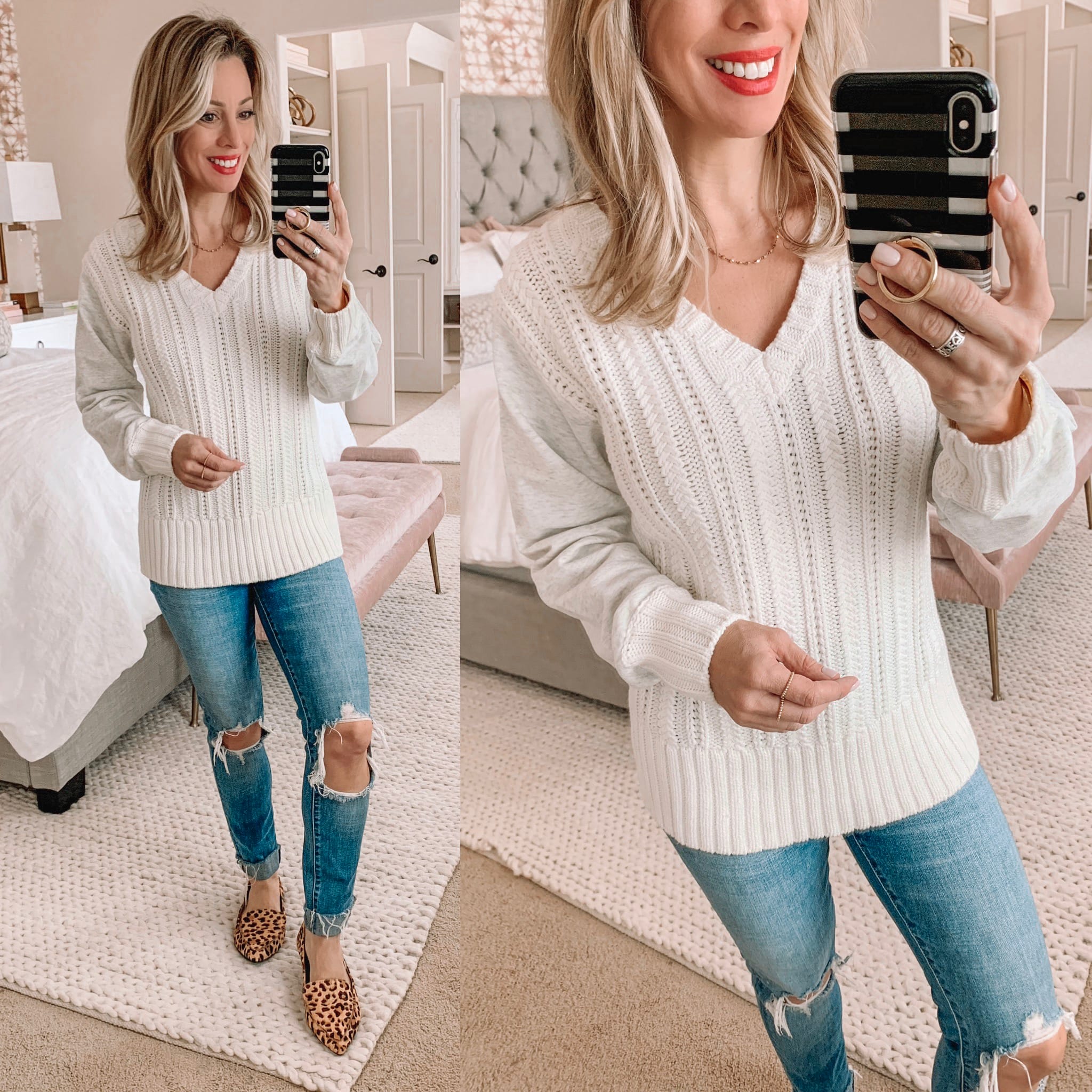 white sweater ripped jeans and leopard flats