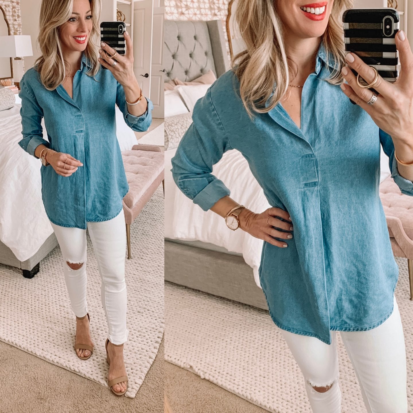 Chambray Pullover with white ripped jeans