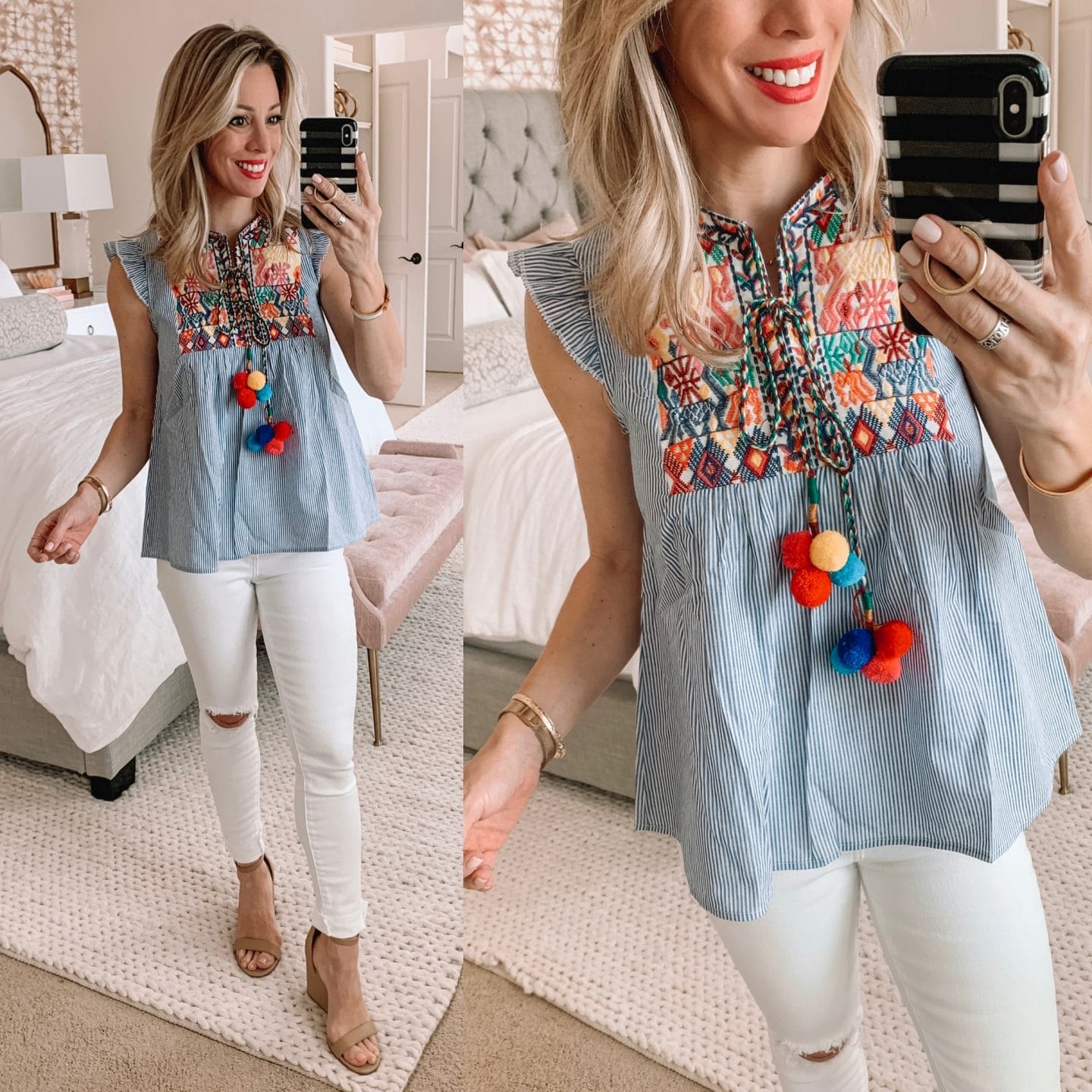 Cute Spring/Summer outfit - white jeans with embroidered top and pom poms