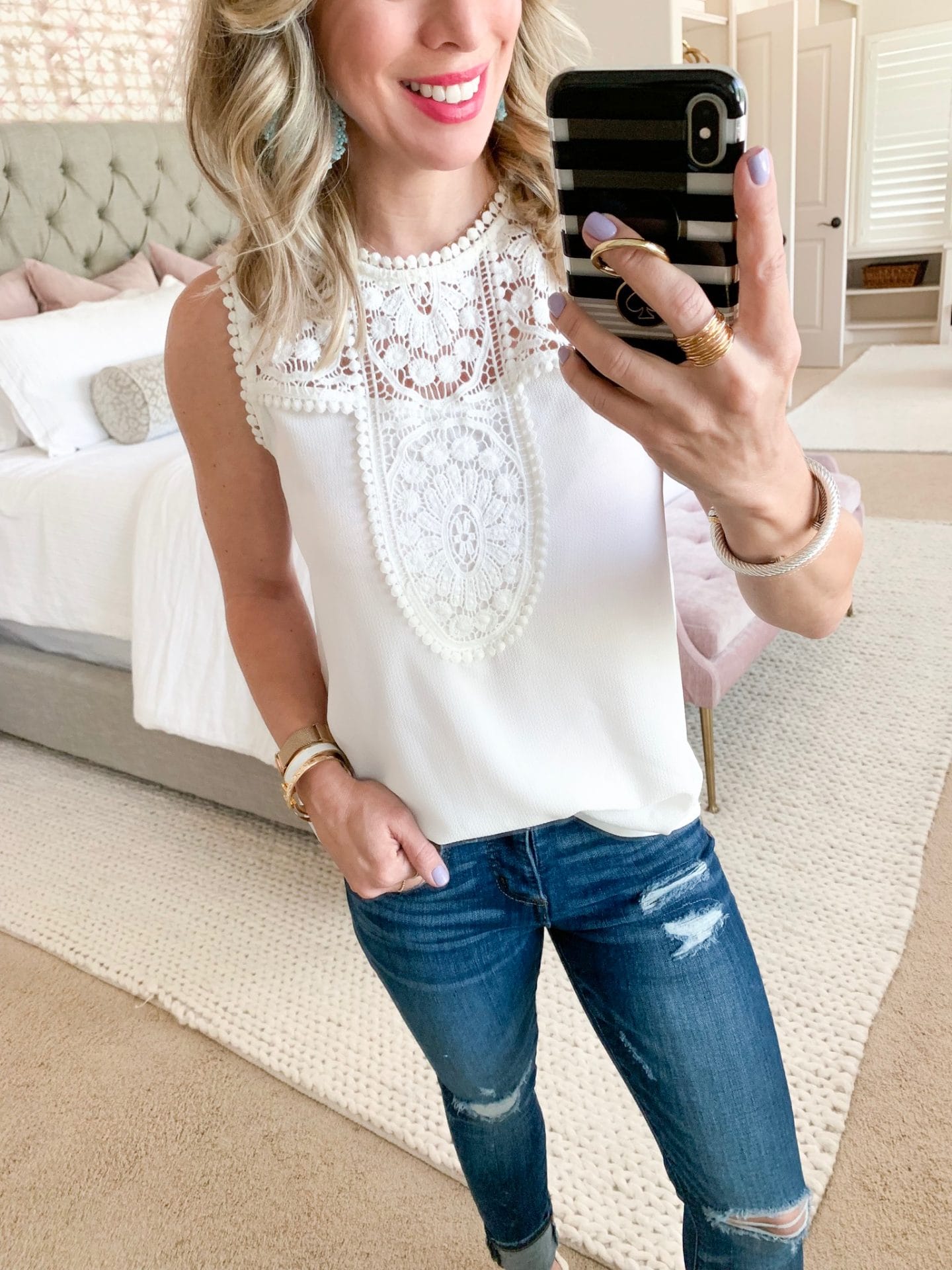 white crochet tank and distressed jeans 