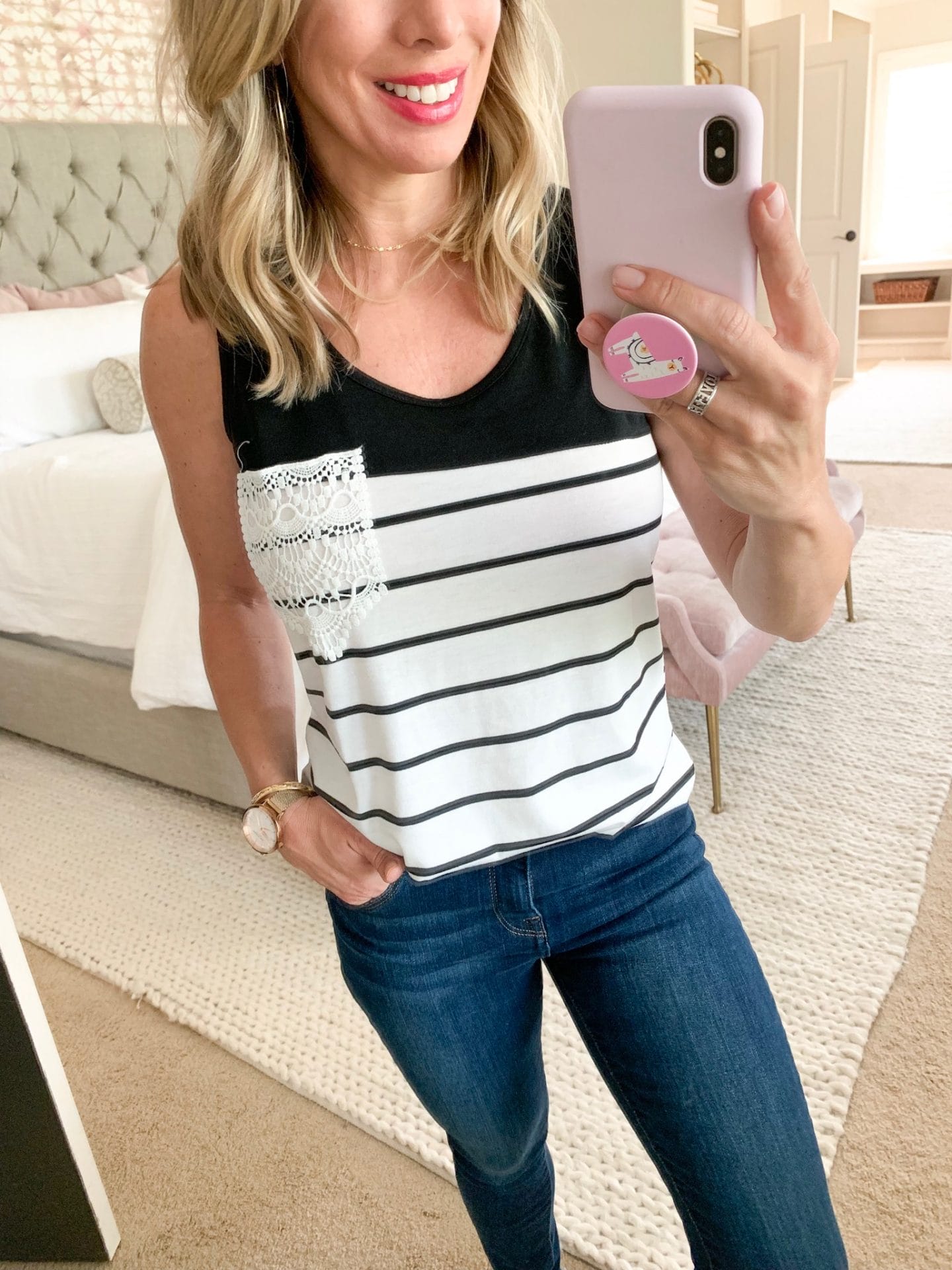 Amazon striped tank with lace pocket