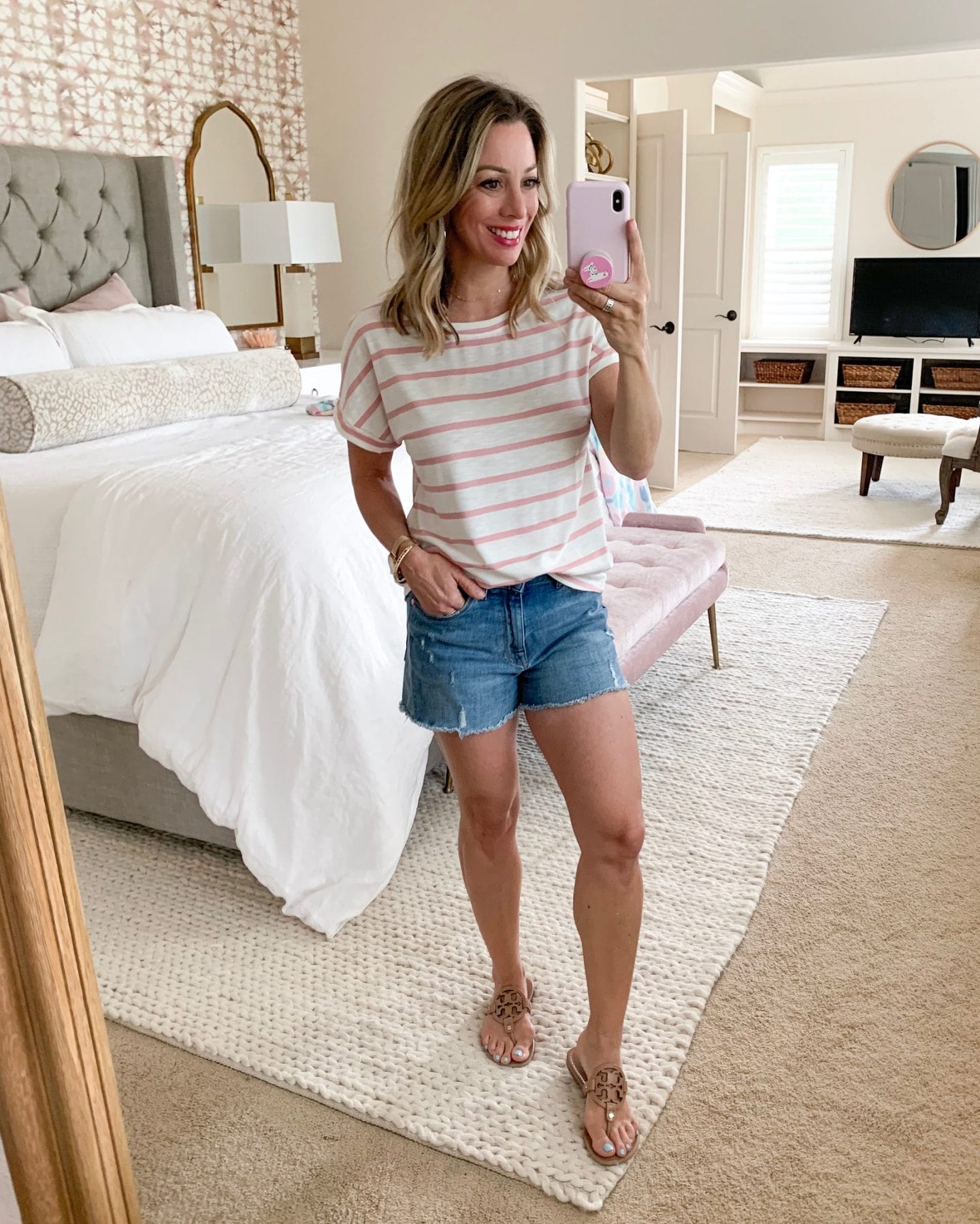 Amazon pink and white striped top and jean shorts