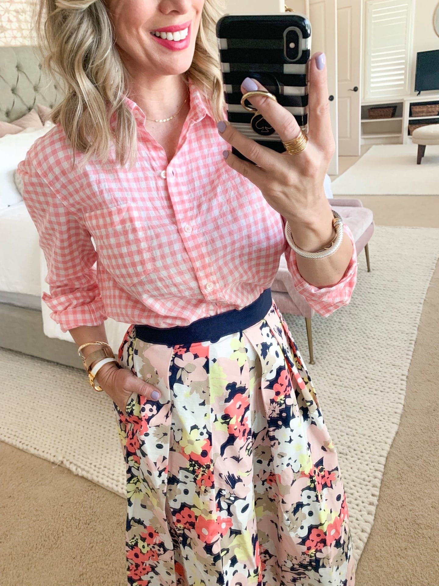 floral skirt and gingham button down top