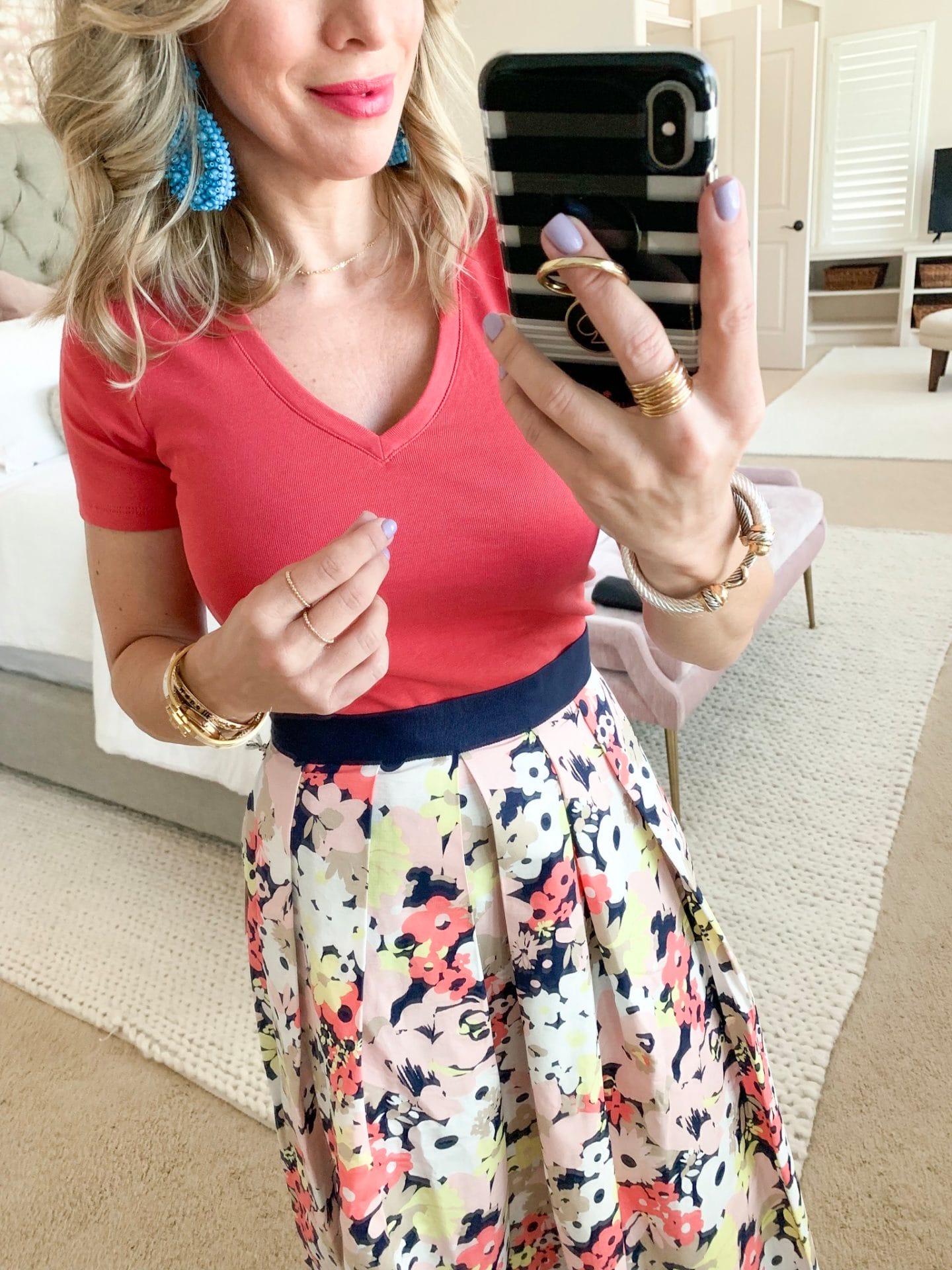 floral skirt with pink v-neck tee