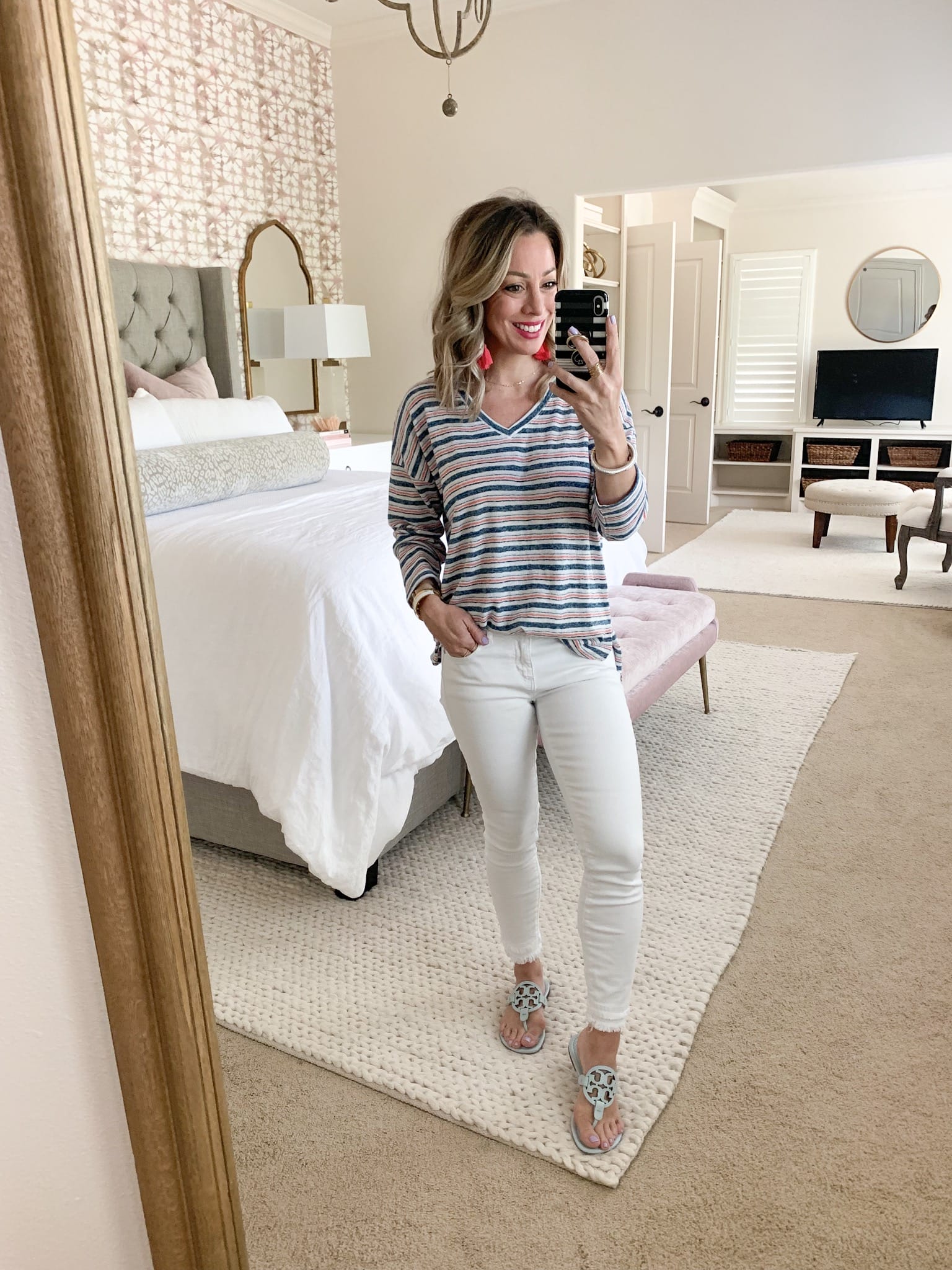 White jeans and stripe pullover