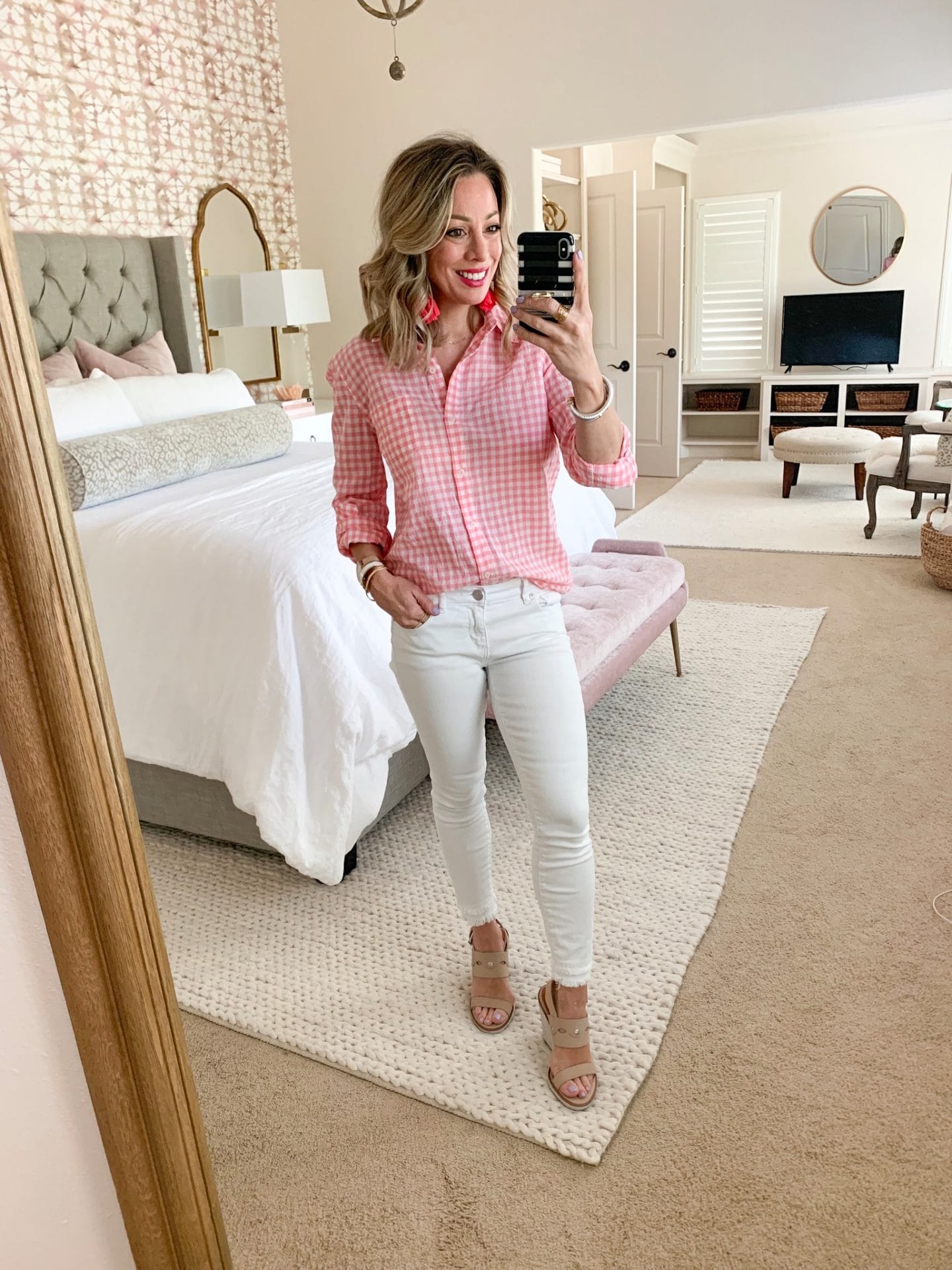 White jeans and pink gingham button down
