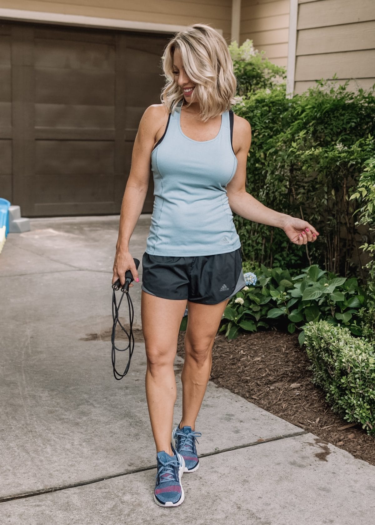 If you're running or jumping with a larger chest, you definitely need a good sports bra.  The one I'm wearing from adidas has high compression for ultra support to keep everything in place, with a mesh back panel and lining.  I also like the convertible straps that lets you adjust it to get the perfect fit.