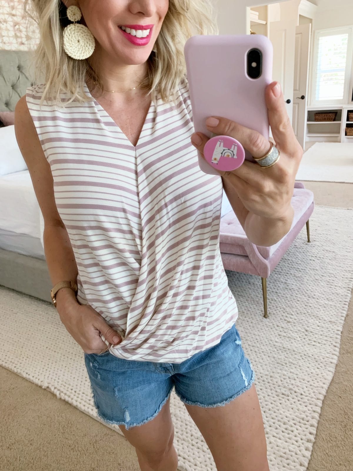 striped criss cross top and jean shorts