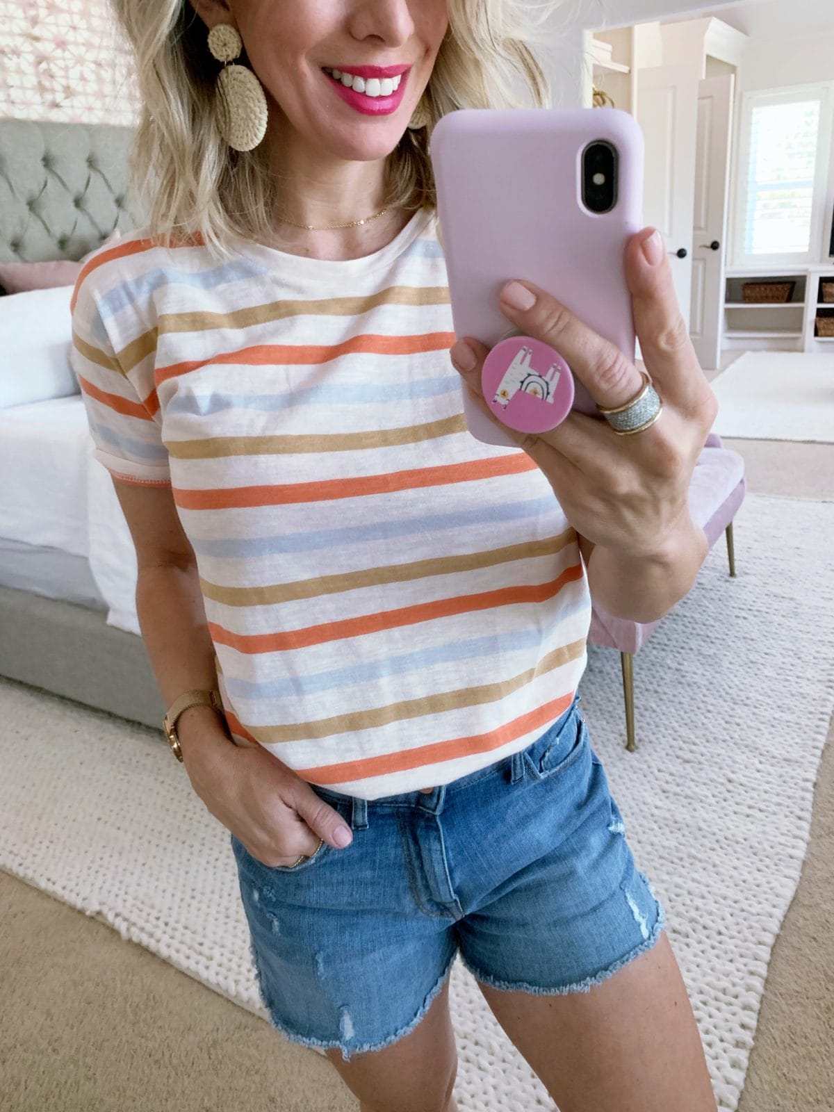 Madewell striped tee and jean shorts